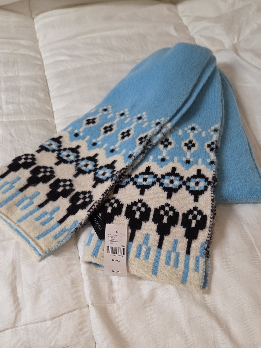 Blue & Cream Knit Scarf with Nordic Pattern